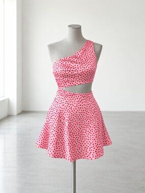 Pink Polka Dot Asymmetric Crop Top & Mini Skirt Set
